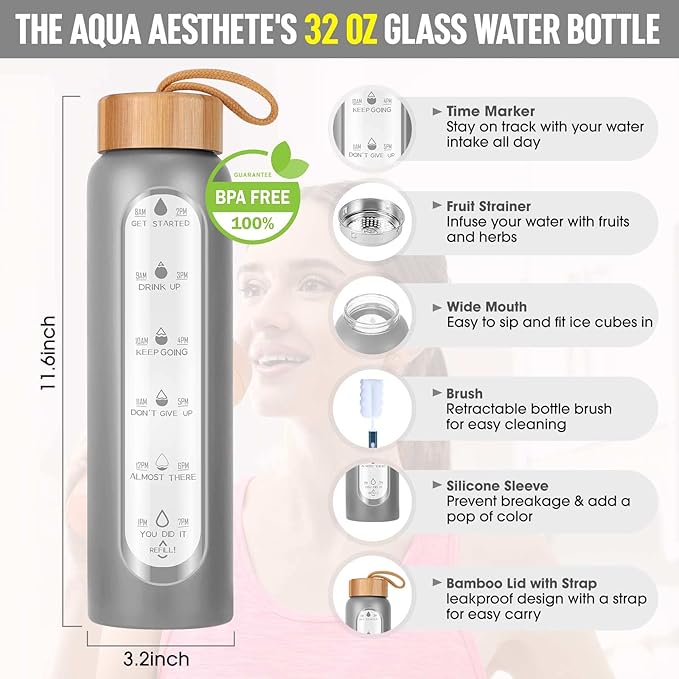 Aqulea Glass Water Bottles 32 Oz with Silicone Sleeve - BPA Free Reusable Wide Mouth Glass Motivational Water Bottles with Fruit Infuser – Leak Proof Borosilicate Water Bottle with Time Marker (Grey)-Ruum Studio Home