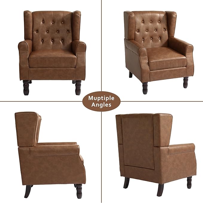 High Back Accent Chair,Upholstered Faux Leather Wingback Armchair with Solid Wood Legs for Small Spaces,Comfy Single Sofa Chair for Living Room,Bedroom,Office-Brown-Ruum Studio Home