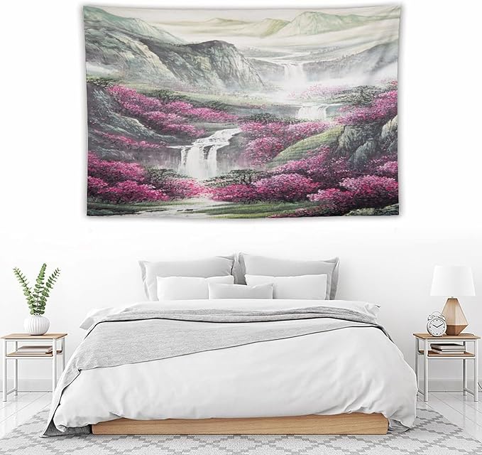 Japanese Tapestry, Red Plum Blossom Mountain Tapestry, Asian Japanese Wall Tapestry, Nature Landscape Tapestries for Bedroom Living Room Decor 90"x60"-Ruum Studio Home