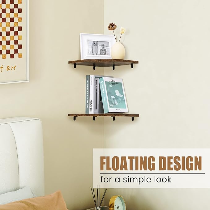 Corner Shelf Wall Mount, Floating Corner Shelves, Set of 2 Corner Wall Shelf Organizer, Rustic Wood Wall Storage Display Shelves for Living Room Bedroom Bathroom Kitchen, Rustic Brown-Ruum Studio Home