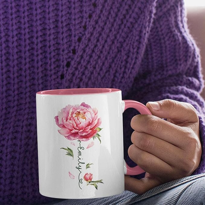 Flower Design Mug With Custom Name, Unique Peony Flower Ceramic Cup, Customized Flower Lover Coffee Mug, Personalized Peony Themed Decorative Cup, Novelty Peony Accent Mug 11oz 15oz-Ruum Studio Home