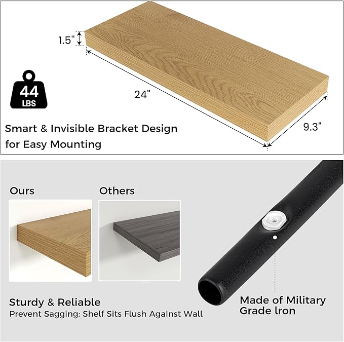 Floating Shelves for Wall, 2 Large Wall Mounted Shelves with Invisible Brackets, Long Wood Floating Wall Shelf Shelves for Living Room, Bedroom, Kitchen, (Oak, 24" W x 9" D x 1.5" H)-Ruum Studio Home