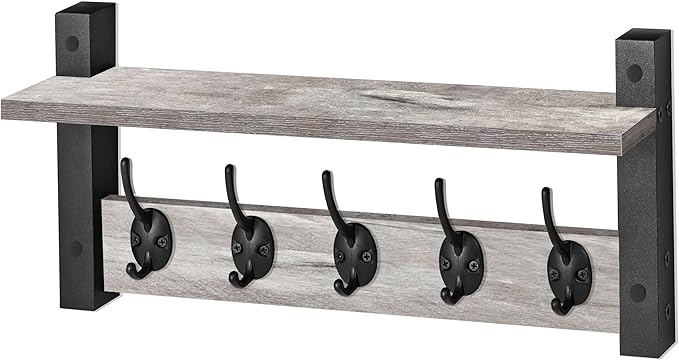 Sorbus Coat Hooks Wall Mount with Shelf – 16 Inch Coat Rack Wall Mount with 5 Heavy Duty Hooks – Floating Wall Shelf with Hooks for Entryway, Bathroom, Bedroom, Kitchen, or Mudroom (Gray)-Ruum Studio Home