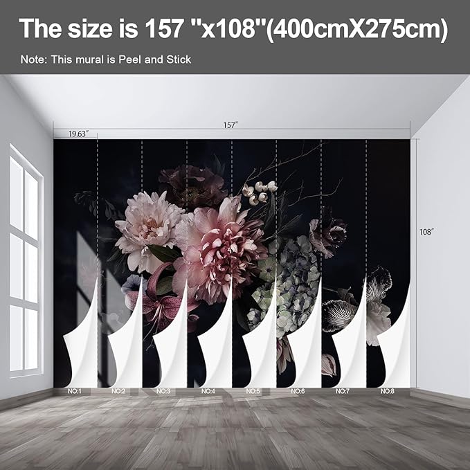 Black Floral Wall murals Peel and Stick Flowers Wallpaper for Bedroom Living Room - 108"x157"-Ruum Studio Home