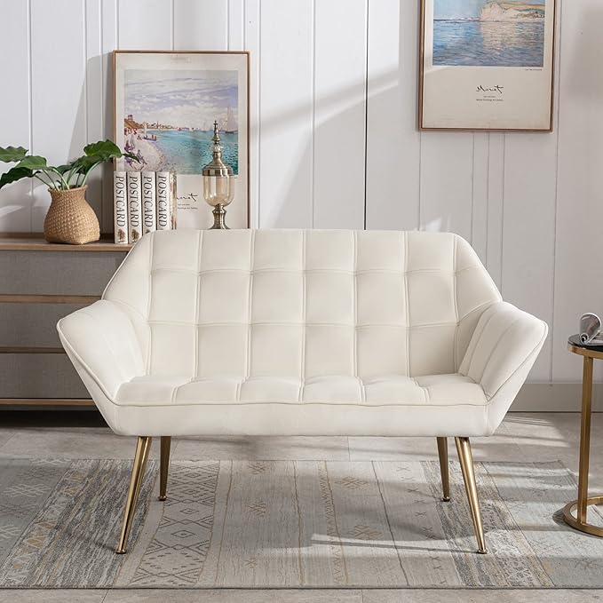 48" Small Loveseat for Small Spaces, Modern Sherpa Mini Sofa Couch 2-Seater Velvet Love Seat with Quilting Back and Gold Legs for Living Room/Bedroom, Cream-Ruum Studio Home