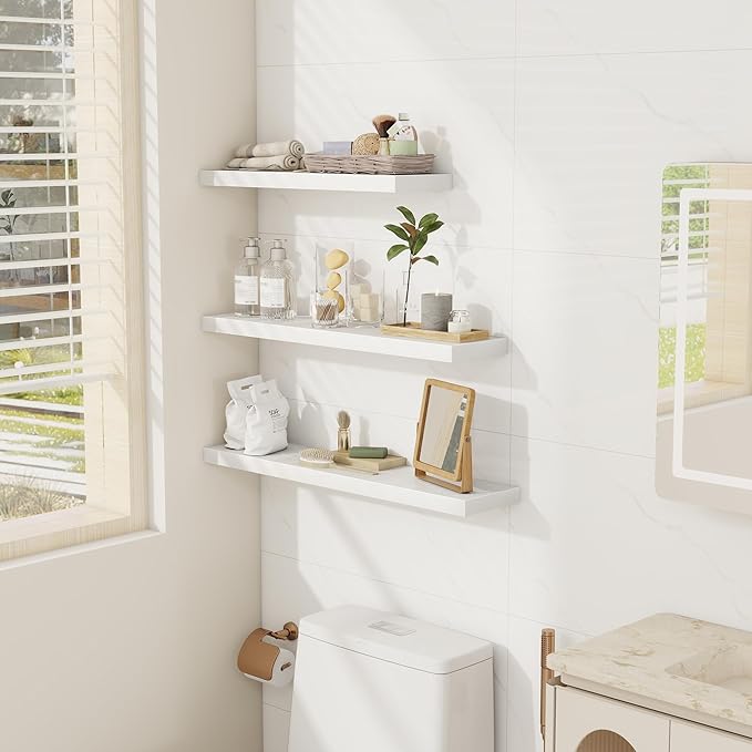 Fun Memories 30 Inch Floating Shelves Set of 3, Farmhouse White Wall Shelves for Kitchen, Living Room, Wall Mounted Bathroom Shelves in Black, 30 x 6.7 x1.4 Inch-Ruum Studio Home