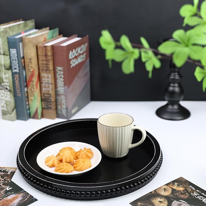 Round Black Wood Serving Tray with Beads, Wooden Decorative Tray for Entertaining, Decoration, and Gifting,-Ruum Studio Home