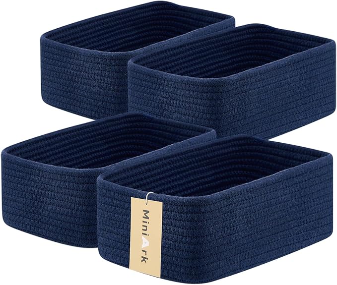 Small Storage Baskets for Organizing | Closet Organizer Bins | Shelf Toy Basket | Woven Rope Baskets | Cube Decorative Box | Shallow Basket | 11.5x7.5x4.7” | 4 Packs Navy Blue-Ruum Studio Home