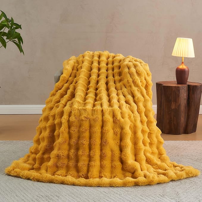 Lotus Karen Faux Fur Throw Blanket Ginger Yellow - Big Bubble Rabbit Fluff Blanket for Couch Bed Sofa,Softest Fluffy Fuzzy Cozy Blanket,Thick Furry Plush Shaggy Warm Blankets for Women,50x60 Inches-Ruum Studio Home