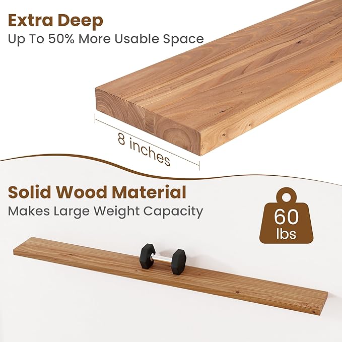 Floating Shelves for Wall Decor, 8" Deep Rustic Solid Elm Wood Floating Shelves Wall Mounted, Wall Shelves with Invisible Bracket for Living Room Bathroom Bedroom Kitchen, 72 Inch Set of 1, Natural-Ruum Studio Home