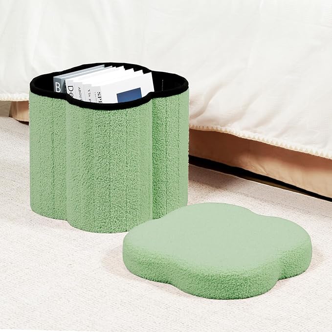 B FSOBEIIALEO Storage Ottoman Cube, Flowers Shaped Ottomans with Storage Foot Stool Footrest for Lving Room, Boucle Ottoman Seat for Dorm Room,Faux Teddy Fur, Green 12.6"x12.6"x12.6"-Ruum Studio Home