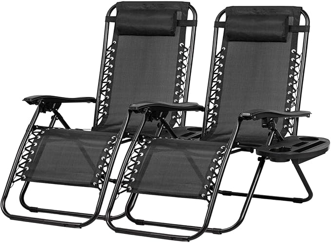 Nazhura Set of 2 Relaxing Recliners Patio Chairs Adjustable Steel Mesh Zero Gravity Lounge Chair Beach Chairs with Pillow and Cup Holder Black-Ruum Studio Home