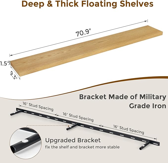72 Inch Floating Shelves, 72 x 9 Rustic Wooden Fireplace Mantel, 9 Inch Floating Shelf for Wall, Farmhouse Wall Shelves for Home Storage & Display, Oak Color, Set of 1-Ruum Studio Home