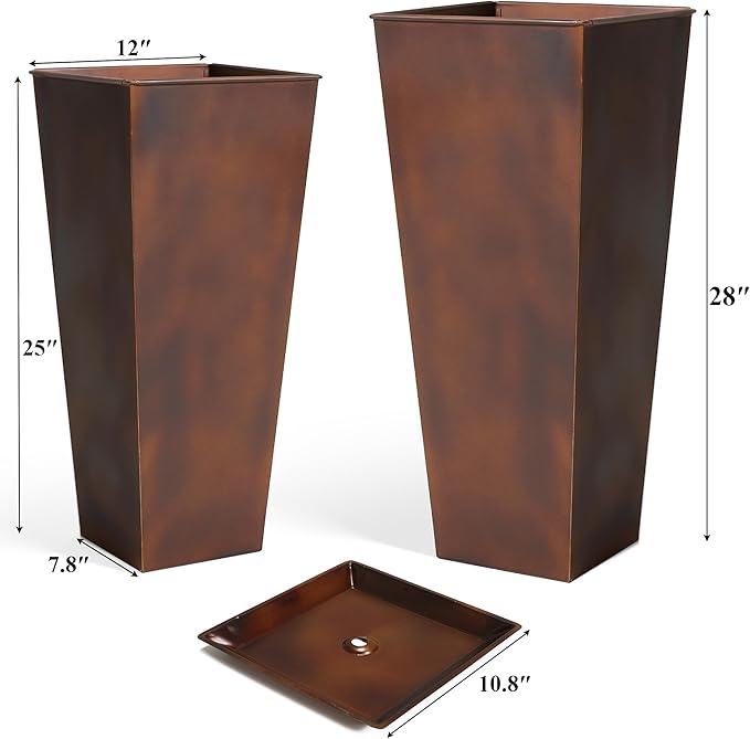 WORTH Garden Large Metal Planter Set of 2 (25" & 28" H.), Matte Bronze Retro Finish Tall Square Tapered Steel Plant Pots, Decor Flower Pot Indoor & Outdoor, Drainage Hole & Dual-Purpose Plant Saucer-Ruum Studio Home