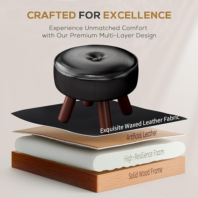 13in Small Foot Stool Ottoman, Round Faux Leather Foot Rest, Footstool Ottomans with Rubber Legs Under Desk, Footrest for Couch, Living Room, Bedroom, Office, 13''L x 13''W x 10.2''H, Black-Ruum Studio Home