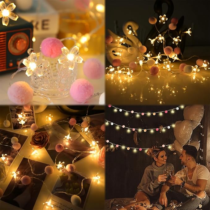 9.85Ft Fairy Lights 20 Cute Pink Pompoms 20 LEDs Cherry Blossom String Garland Battey Operated with Timer Flower Lights for Bedroom Kids Room Party Birthday Wedding Valentines Decoration-Ruum Studio Home