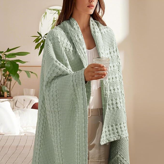 PHF 100% Cotton Waffle Weave Throw Blanket, Soft Lightweight Breathable Cozy Summer Throws for Couch Bed Sofa, Luxury Aesthetic Woven Blanket for Home Decor & Office, 50"x60", Sage Green-Ruum Studio Home