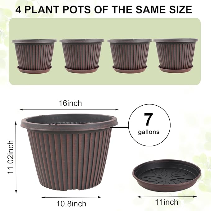 Large-Planter-Indoor-Outdoor Plant Pots, 16 inch 4 Pack Plastic Flower Pots with Saucer And Drainage Holes, Modern Garden Planters For Planting Medium Large Plants， Decorative Resin Garden Pots-Ruum Studio Home