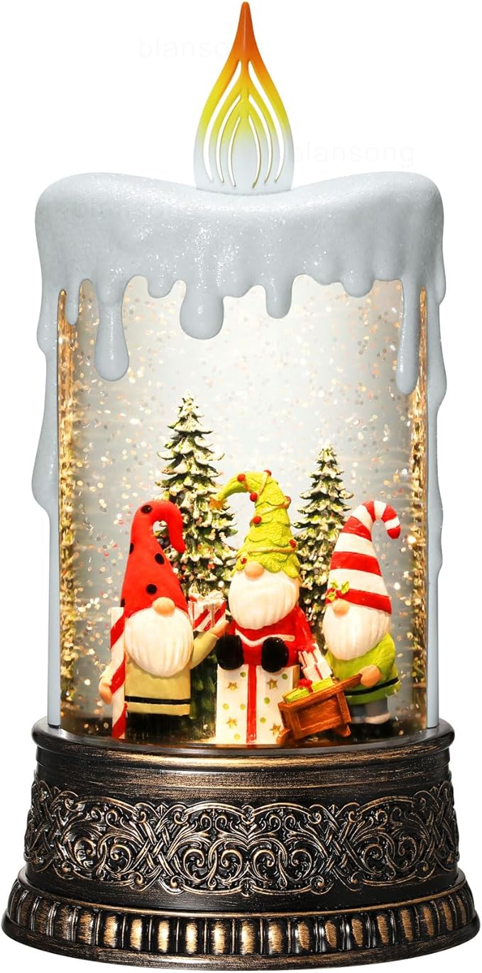 Gnome Snow Globe Candle Christmas Decorations Gifts Auto Snowfall Glitter Music Collection with 6H Timer USB/Battery Powered 9.7 inch-Ruum Studio Home