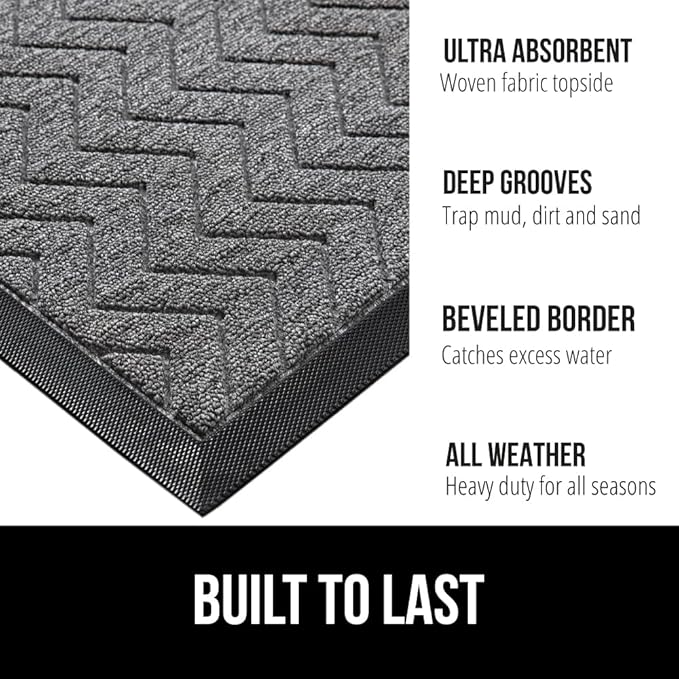 GORILLA GRIP 100% Waterproof All-Season WeatherMax Doormat, 34x58, US Designed Natural Rubber, Stain and Fade Resistant, Low Profile Indoor Outdoor Door Mats, Easy Clean Patio Mat, Steel Chevron-Ruum Studio Home