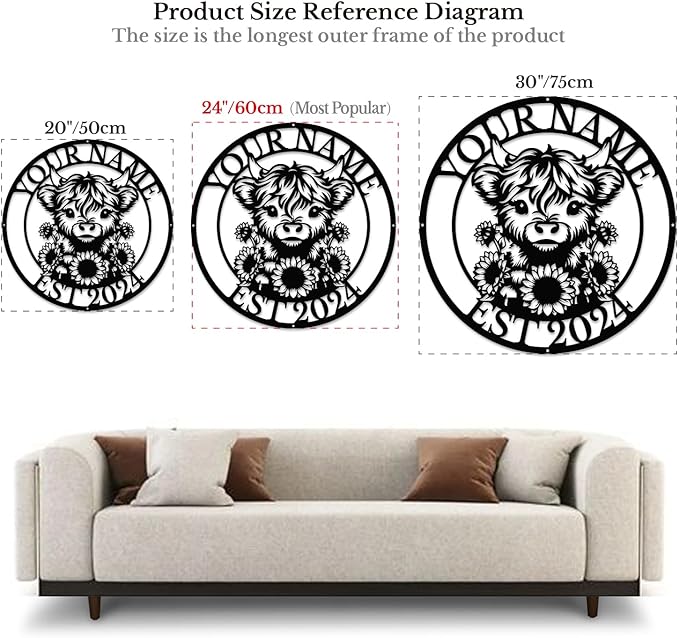 Personalized Highland Cow Name metal Signs,Custom Highland Cow Metal Shed Wall Decor,Black Metal Wall Art Plaques Outdoor wall Decorative Signage (Style E)-Ruum Studio Home