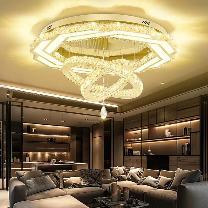 Flashing God Crystal Chandeliers Dia 32" Gold Chandelier Flush Mount Ceiling Light for Bedroom Living Room Dining Room Hallway Dimmable 3 Rings LED Celing Lighting Fixtures-Ruum Studio Home