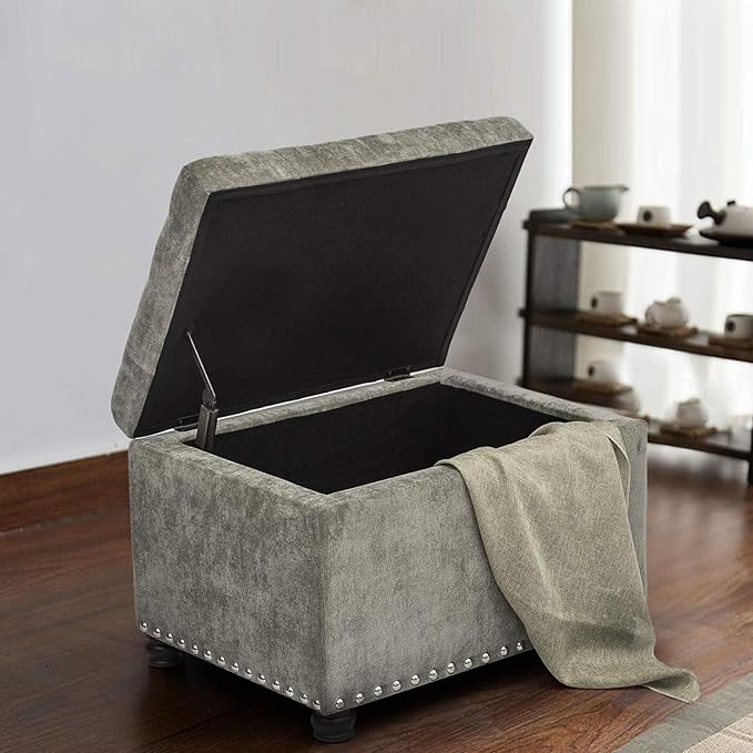 Joveco Storage Ottoman Foot Rest Stool, 24" Velvet Footstool Bench for Living Room Bedroom, Light Grey-Ruum Studio Home