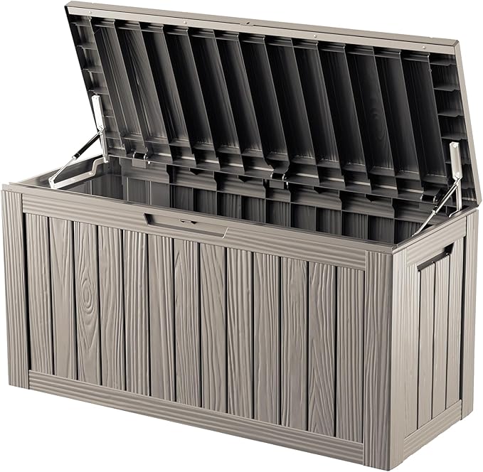 80 Gallon Double-Wall Resin Deck Box - Lockable Waterproof Outdoor Storage Box, 515lbs Capacity & Doubles as Seating for Patio Furniture - Garden Tools, Pool Accessories (Brown)-Ruum Studio Home