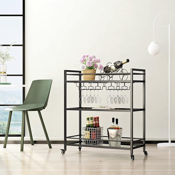 Glass Black Bar Carts for Home with Hanging Wine Rack - Home Bar Serving Cart with 3 Mirrored Shelves, Kitchen Bar Carts, Wine Cart for Entertaining, Club Party.-Ruum Studio Home