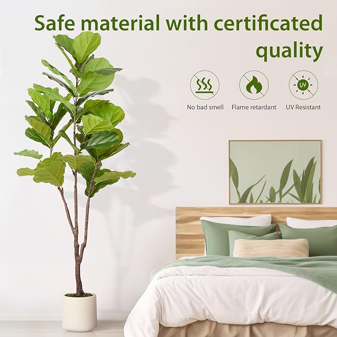 Artificial Fiddle Leaf Fig Tree, 6FT Faux Ficus Lyrata Plant with Realistic Leaves, Lifelike Home Decor Faux Tree in Stylish Pot for Indoor, Office, Living Room Decor (6ft)-Ruum Studio Home