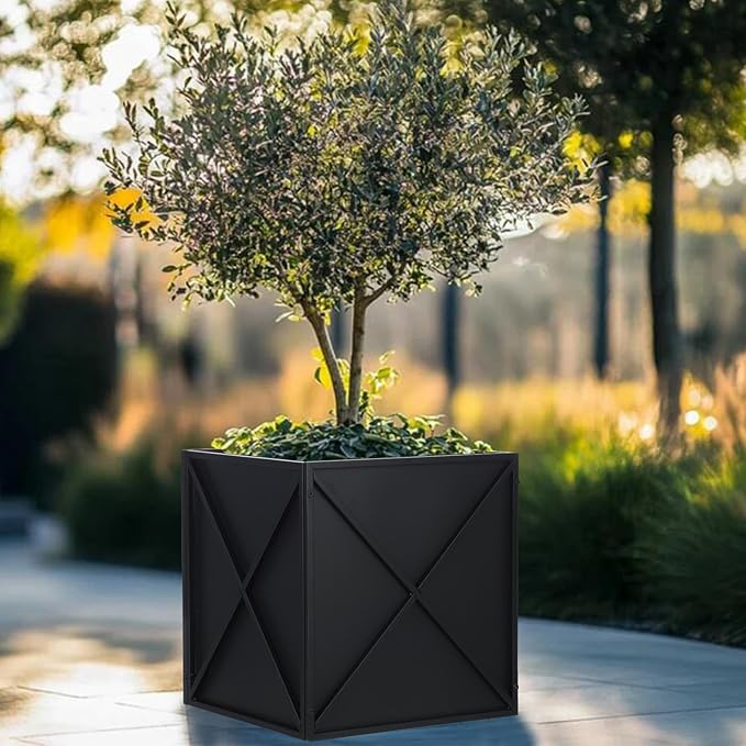 Metal Square Planter Box Tall Planters for Outdoor Plants Modern Heavy Duty with Drainage Holes for Outside Indoor Patio Deck - Black, 17”x 17”x 18”-Ruum Studio Home