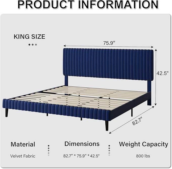 King Size Bed Frame and Headboard, Velvet Upholstered Platform Bed with Vertical Channel Tufted Headboard and Footboard, No Box Spring Required, Easy Assembly, Blue-Ruum Studio Home