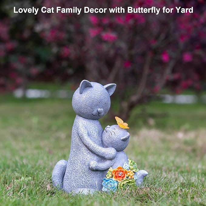 Solar Garden Statues Loving Cat Figurine Lights for Outside, Yard Decorations Outdoor, Garden Decor Unique Mothers Day Birthday Housewarming Gifts for Mom, Women-Ruum Studio Home