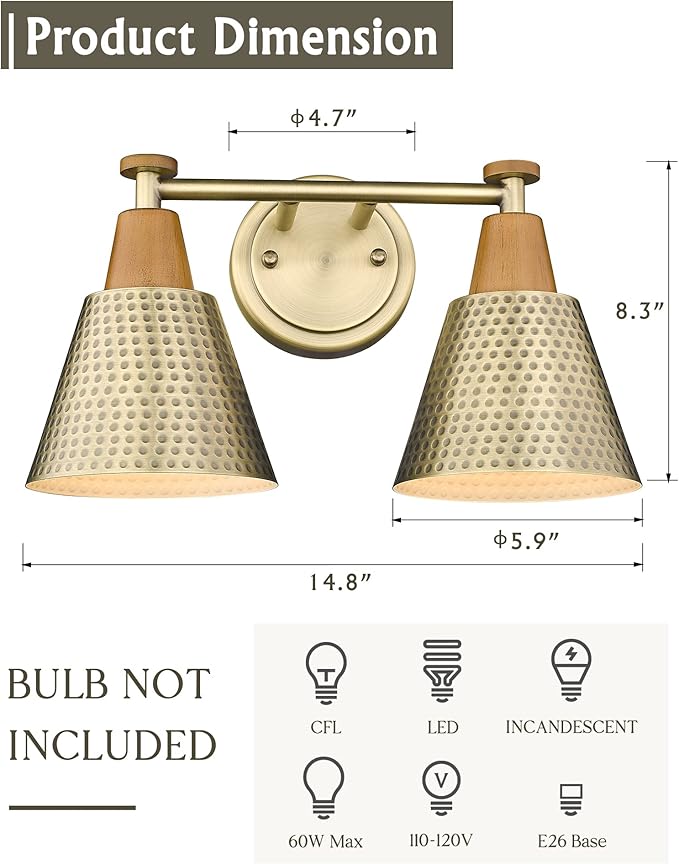 FEMILA Bathroom Light Fixtures, 2-Light Bathroom Vanity Lights Over Mirror, Antique Brass Wall Sconces, Hammered Metal Shade, 4FG59B-2W BG-Ruum Studio Home