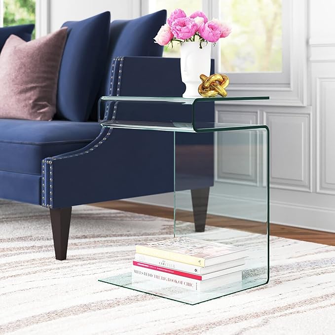 Glass Nightstand,Side Table,S-Shaped End Table for Living Room,Bedside Table for Bedroom (Clear)-Ruum Studio Home