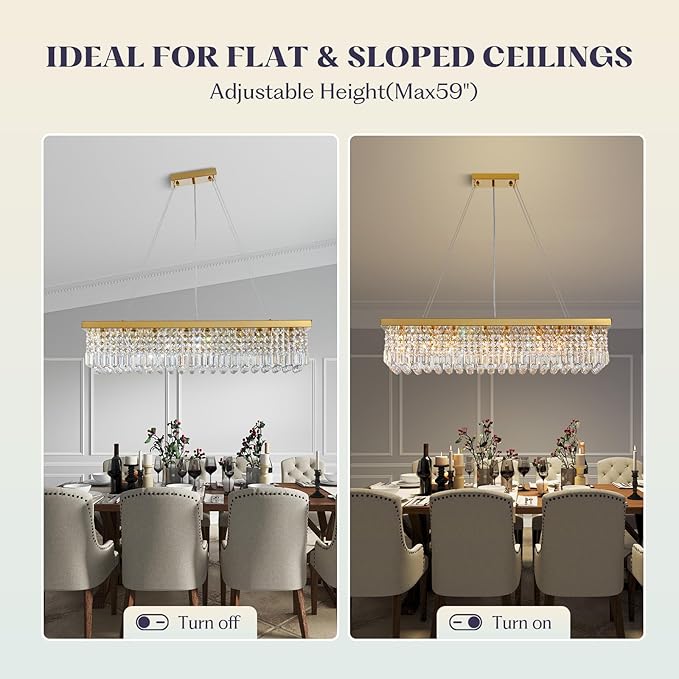 Modern Crystal Chandelier for Dining Room,Gold Luxury Crystal Chandelier,8 Lights Rectangular Rectangle Light Fixture for Living Room Kitchen Island L40''xW10''xH10''-Ruum Studio Home
