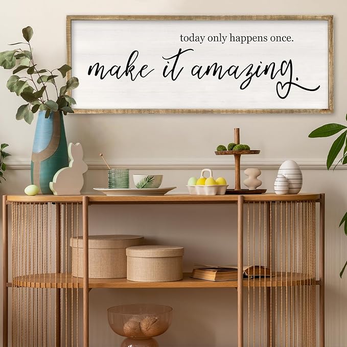 Today Only Happens Once Make It Amazing Wall Art Decor 32x12 Inch Large Inspirational Quote Sign Rustic Living Room Vintage Wood Frame Office Motivational Home Wall Hanging (Wood)-Ruum Studio Home