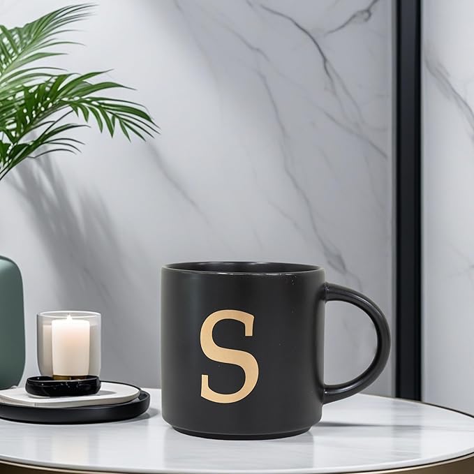 COLLECTIVE HOME - Monogram Ceramic Mugs, 15 oz Golden Initial Black Coffee Cups, Elegant Alphabet Tea Mugs, Elegant Personalized Mug with Gift Box, Unique Mug with Double Side Capital Lette (S)-Ruum Studio Home