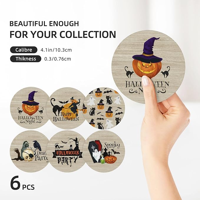 Halloween Coaster for Drinks Set of 6 with Metal Holder and Cork Base Ceramic Drink Coasters Absorbent Cup Mat Non-Slip for Home Kitchen Office Table Decor, 4 Inch-Ruum Studio Home