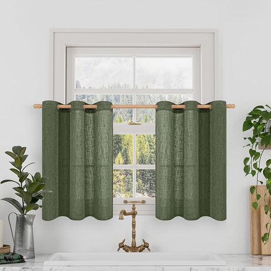 LAMIT Small Linen Curtains 30 Inch Length, Semi Sheer Short Window Curtains Light Filtering Christmas Panels with Bronze Grommet for Basement, Olive Green, 2 Panels, 34 x 30 Inch-Ruum Studio Home