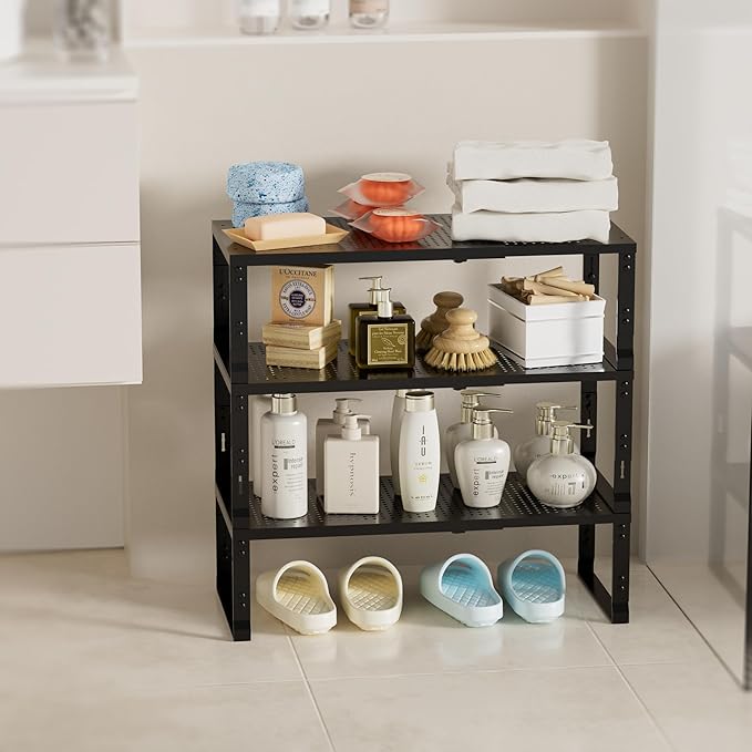 Expandable Spice Rack,Stackable Storage for Cabinet, Multi-Functional Kitchen Shelving,Height-Adjustable,Sustainable Organizer Solution(2Packs/Black/Medium)-Ruum Studio Home