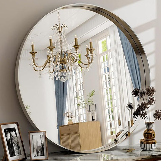 32 Inch Silver Round Bathroom Mirror - Wall Mounted Circle Mirror with Metal Frame, Modern Mirror Suitable for Bathroom, Vanity, Entryway, Living Room, Wall Decor-Ruum Studio Home
