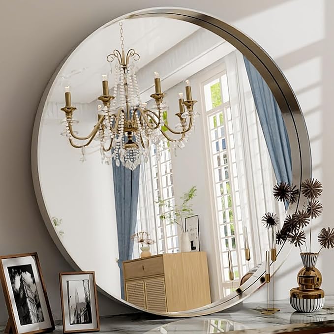 24 Inch Round Bathroom Mirror - Wall Mounted Circle Mirror with Metal Frame, Modern Mirror Suitable for Bathroom, Vanity, Entryway, Living Room, Wall Decor,Silver-Ruum Studio Home