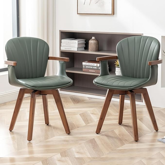 LUNLING Swivel Dining Room Chairs Set of 2, Mid Century Modern Green Faux Leather Kitchen Chairs with Arms,Bamboo Legs Side Chairs No Wheels,Accent Chair for Dining Rooms and Offices-Ruum Studio Home