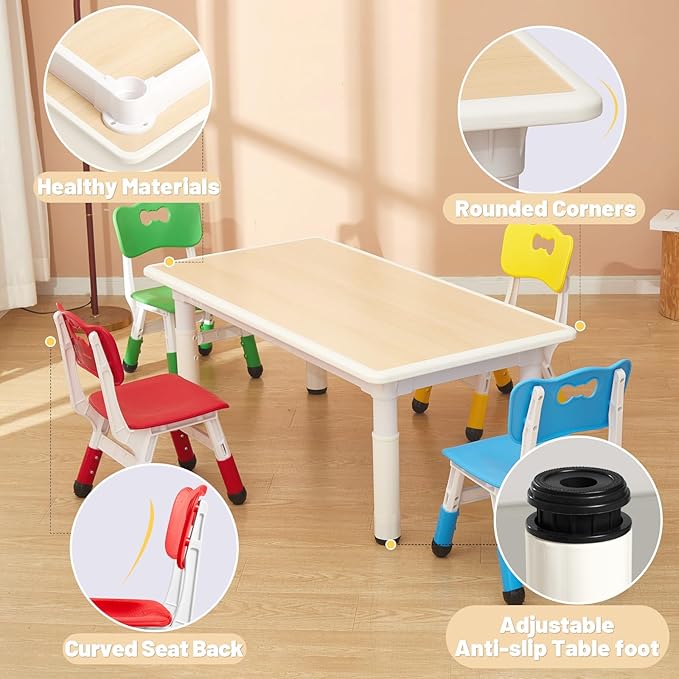 FUNLIO Kids Table and 4 Chairs Set for Ages 3-8, Height Adjustable Toddler Table and Chair Set, Easy to Wipe Arts & Crafts Table, for Classrooms/Daycares/Homes, CPC & CE Approved(5 pcs Set)-Multicolor-Ruum Studio Home