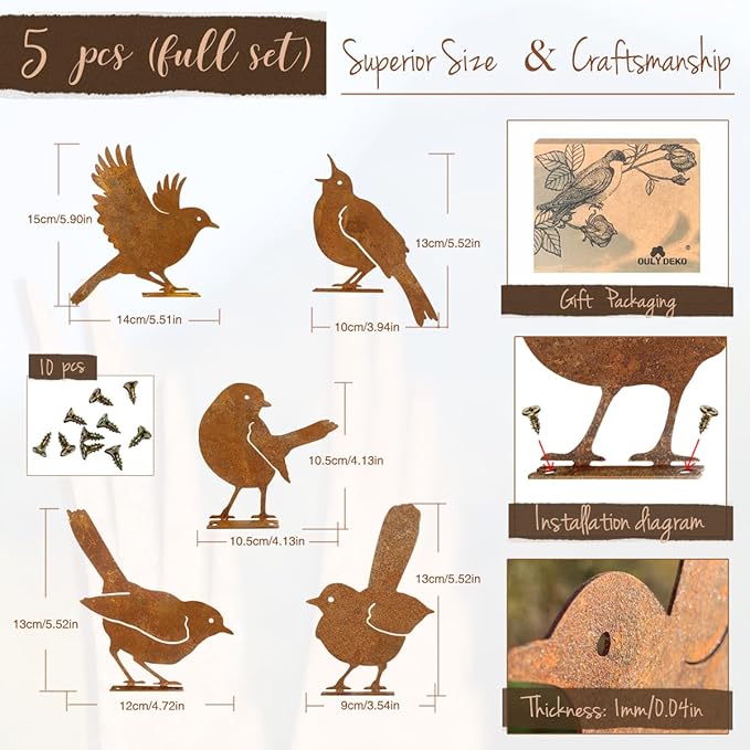 5PCS Rusty Birds Decoration,Outdoor Bird Wall Decor,Metal Birds Yard Decor, Metal Birds Craft Statue Ornaments - Garden Sculptures and Yard Art, Fence Decorations Outdoor,Rustic Garden Decor-Ruum Studio Home