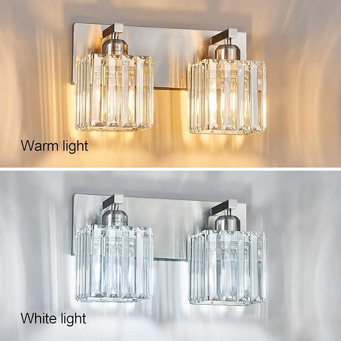 Modern Vanity Light 2-Lights Brushed Nickel Vanity Light Crystal Bathroom Wall Light Bathroom Light Fixtures-Ruum Studio Home