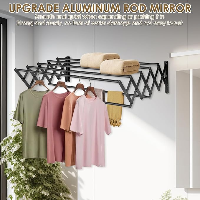 XL-31.5'' Wall Mounted Clothes Drying Rack, 130 lbs Large Capacity Rustproof Retractable Collapsible Drying Rack Easy Install with 7 Drying Rods, Space Saving Towel Clothes Rack for Laundry-Black-Ruum Studio Home