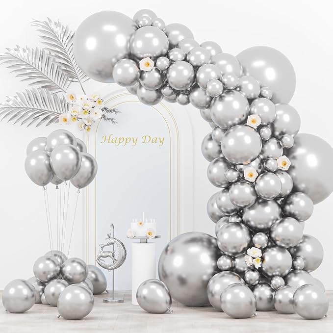 130pcs Metallic Silver Balloons Different Sizes 18" 12" 10" 5" Chrome Silver Balloon Garland Arch Kit for Graduation Birthday Baby Shower Wedding Anniversary New Year Party Decorations-Ruum Studio Home