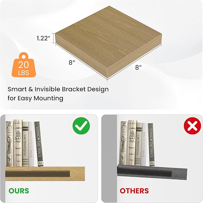 Square Floating Shelves for Wall, 8" W x 8" D x 1.2" H, Small Wooden Wall Mounted Display Shelves with Invisible Brackets for Living Room, Bedroom, Bathroom, Kitchen Decor, Set of 4, Oak-Ruum Studio Home